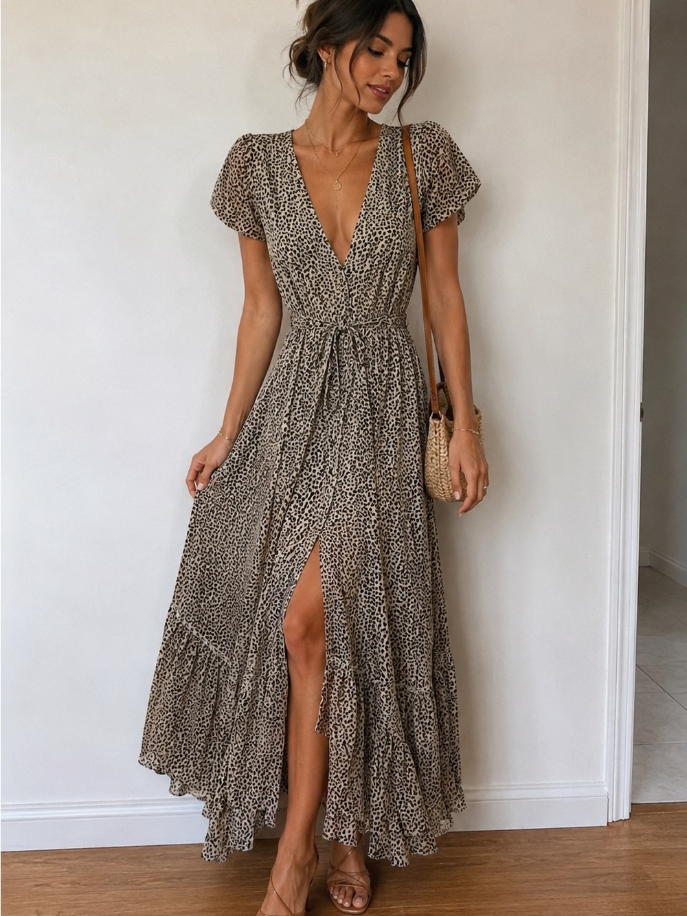 Smocked Waist Black and Cream V-Neck Tiered Maxi Dress